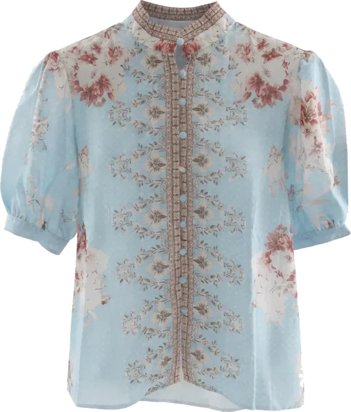 Chemise bleu ciel fleurie, manches courtes, vue 2