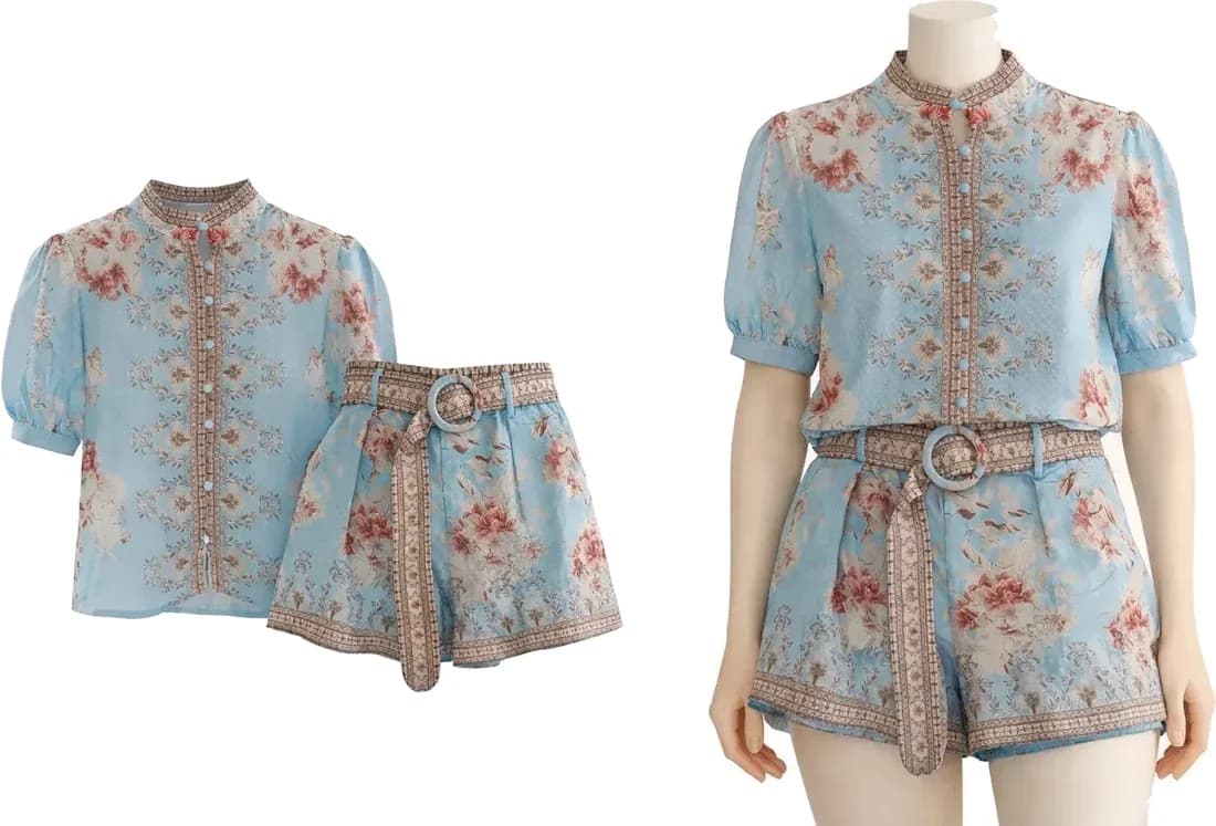 Chemise bleu ciel fleurie, manches courtes, vue 3
